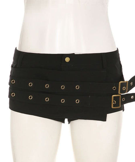 Fierce Black Buckle & Grommet Low-Rise Shorts - Edgy Halloween & Fall Party Ready