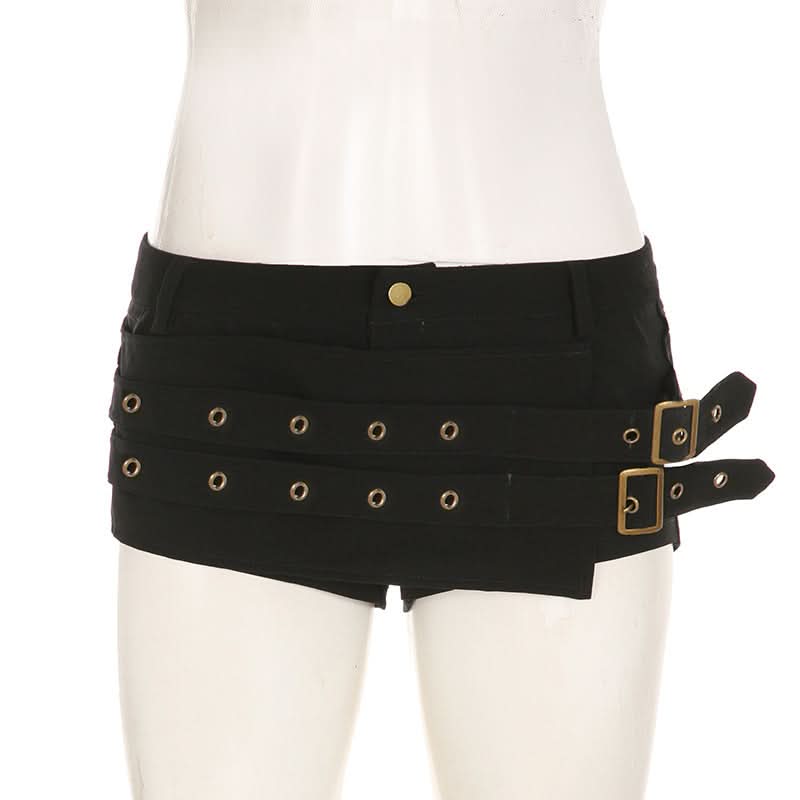 Fierce Black Buckle & Grommet Low-Rise Shorts - Edgy Halloween & Fall Party Ready