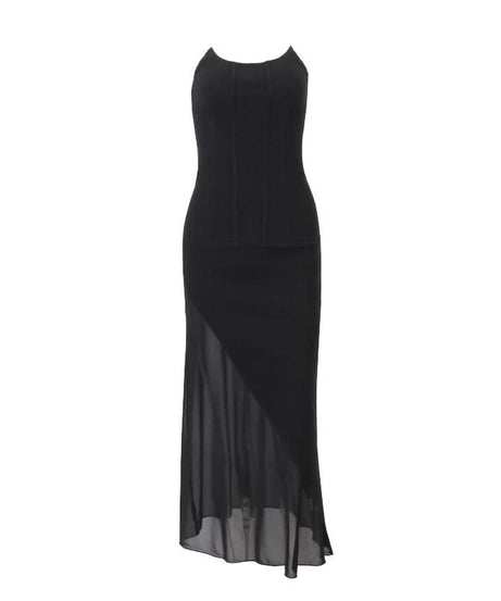 Sleek Black Mesh Panel Maxi Dress - Your Go-To for Fall & Holiday Parties