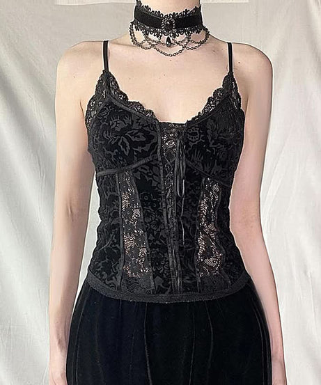 Enchanted Black Velvet & Lace Corset Cami - Gothic Chic Bustier for Fall & Holiday Sparkle