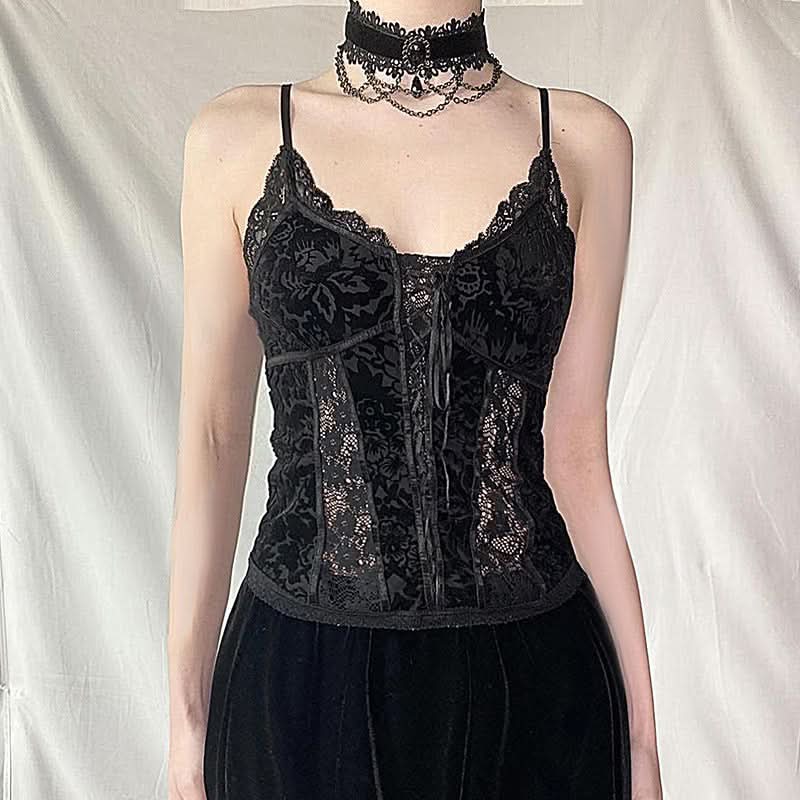 Enchanted Black Velvet & Lace Corset Cami - Gothic Chic Bustier for Fall & Holiday Sparkle