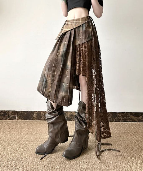 Autumn Rhapsody Plaid & Lace Asymmetrical Midi Skirt | Edgy Fall Fashion