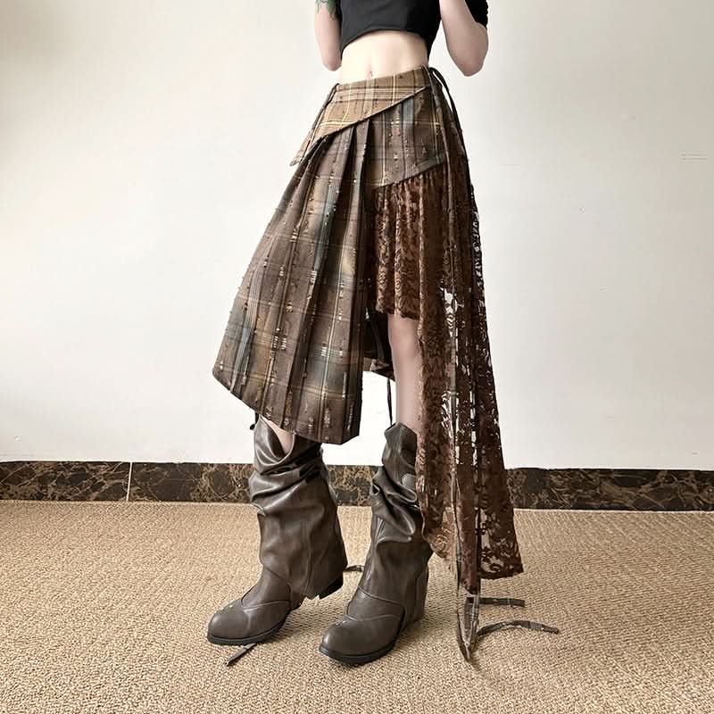 Autumn Rhapsody Plaid & Lace Asymmetrical Midi Skirt | Edgy Fall Fashion