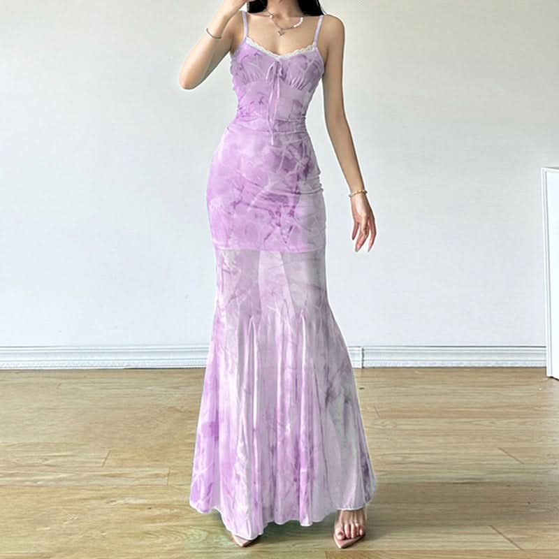 Dreamy Cloud Print Mesh Mermaid Maxi Dress - Lace Trim Cami for Chic Resort & Holiday Escapes