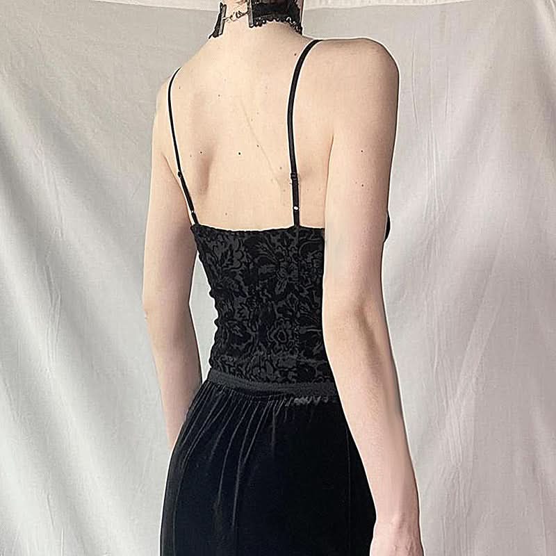 Enchanted Black Velvet & Lace Corset Cami - Gothic Chic Bustier for Fall & Holiday Sparkle