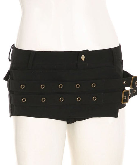 Fierce Black Buckle & Grommet Low-Rise Shorts - Edgy Halloween & Fall Party Ready