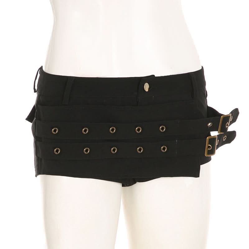 Fierce Black Buckle & Grommet Low-Rise Shorts - Edgy Halloween & Fall Party Ready