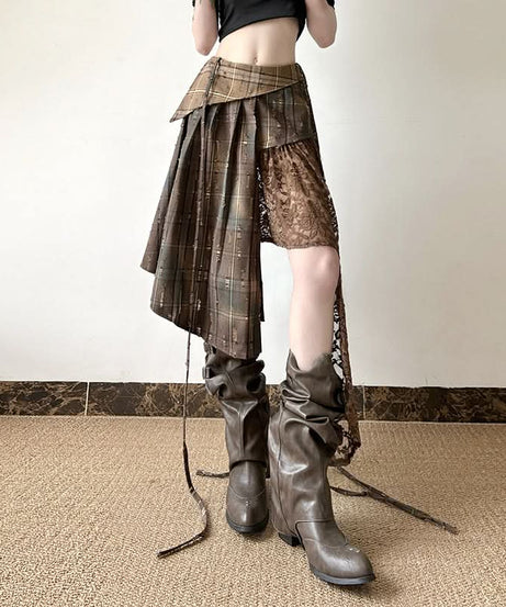 Autumn Rhapsody Plaid & Lace Asymmetrical Midi Skirt | Edgy Fall Fashion