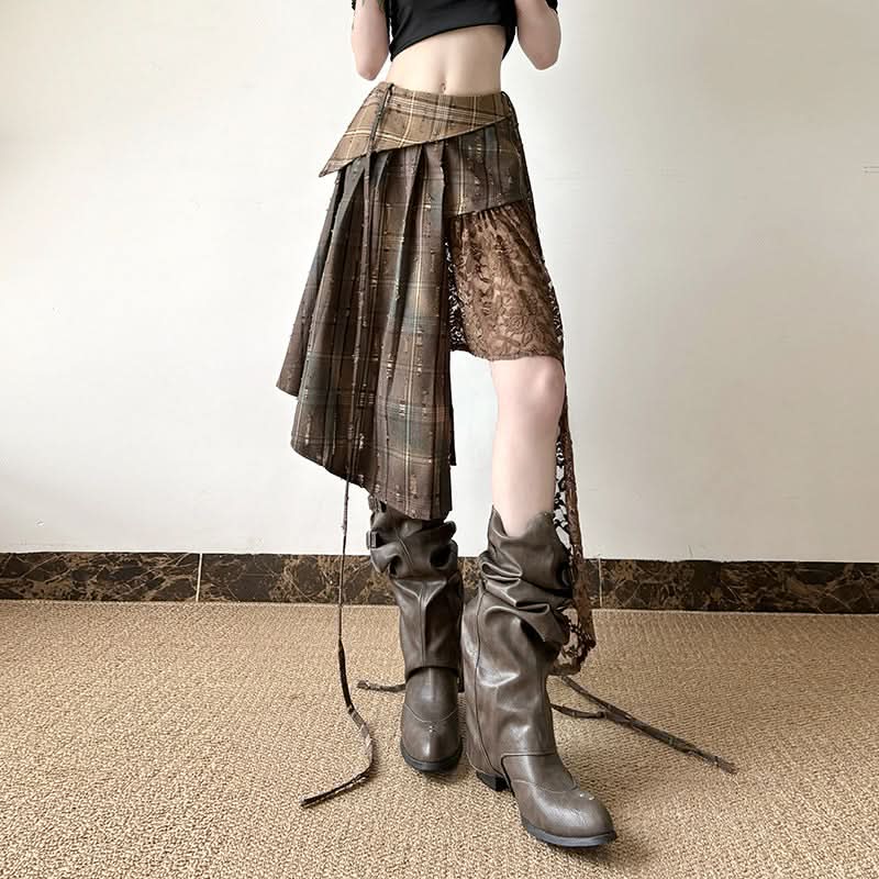 Autumn Rhapsody Plaid & Lace Asymmetrical Midi Skirt | Edgy Fall Fashion