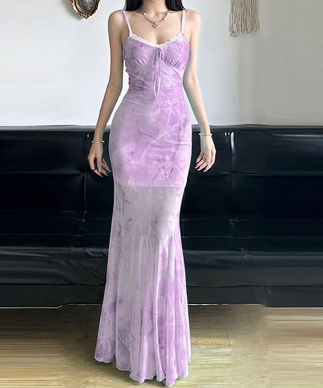 Dreamy Cloud Print Mesh Mermaid Maxi Dress - Lace Trim Cami for Chic Resort & Holiday Escapes