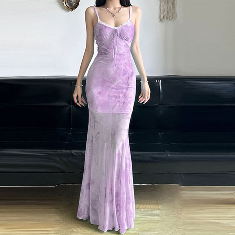 Dreamy Cloud Print Mesh Mermaid Maxi Dress - Lace Trim Cami for Chic Resort & Holiday Escapes