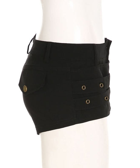 Fierce Black Buckle & Grommet Low-Rise Shorts - Edgy Halloween & Fall Party Ready