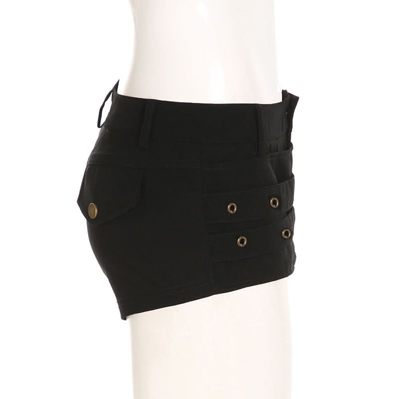 Fierce Black Buckle & Grommet Low-Rise Shorts - Edgy Halloween & Fall Party Ready