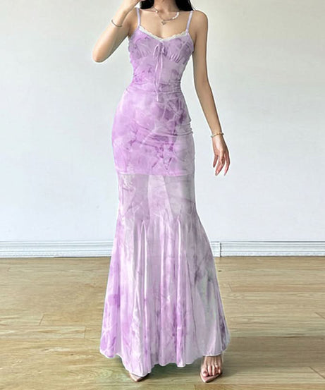 Dreamy Cloud Print Mesh Mermaid Maxi Dress - Lace Trim Cami for Chic Resort & Holiday Escapes