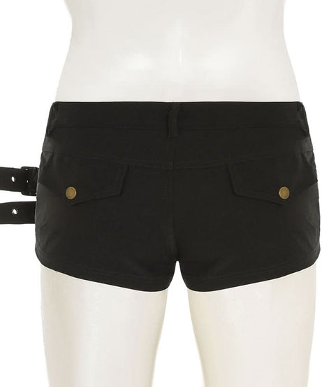 Fierce Black Buckle & Grommet Low-Rise Shorts - Edgy Halloween & Fall Party Ready