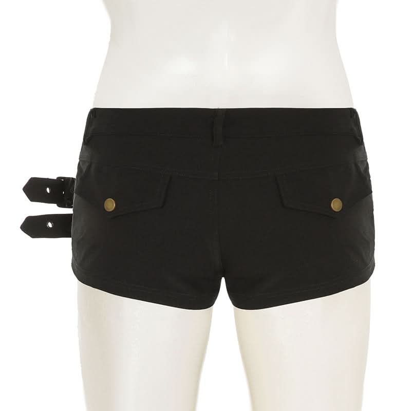 Fierce Black Buckle & Grommet Low-Rise Shorts - Edgy Halloween & Fall Party Ready