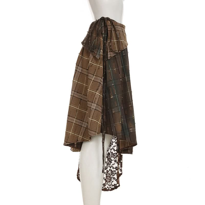 Autumn Rhapsody Plaid & Lace Asymmetrical Midi Skirt | Edgy Fall Fashion