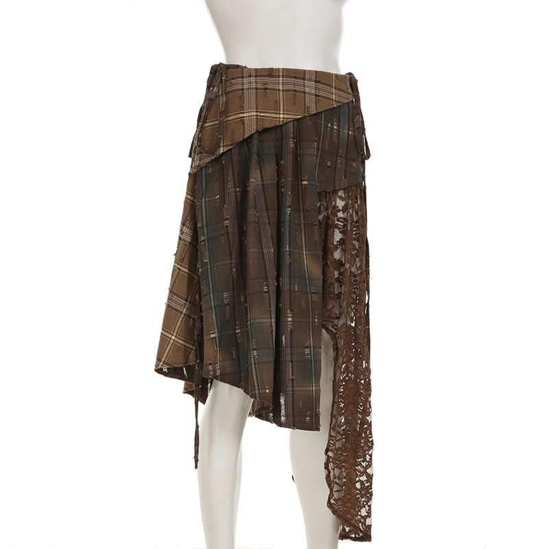 Autumn Rhapsody Plaid & Lace Asymmetrical Midi Skirt | Edgy Fall Fashion