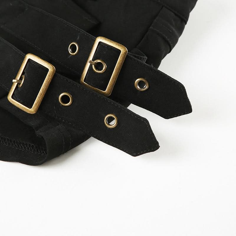 Fierce Black Buckle & Grommet Low-Rise Shorts - Edgy Halloween & Fall Party Ready