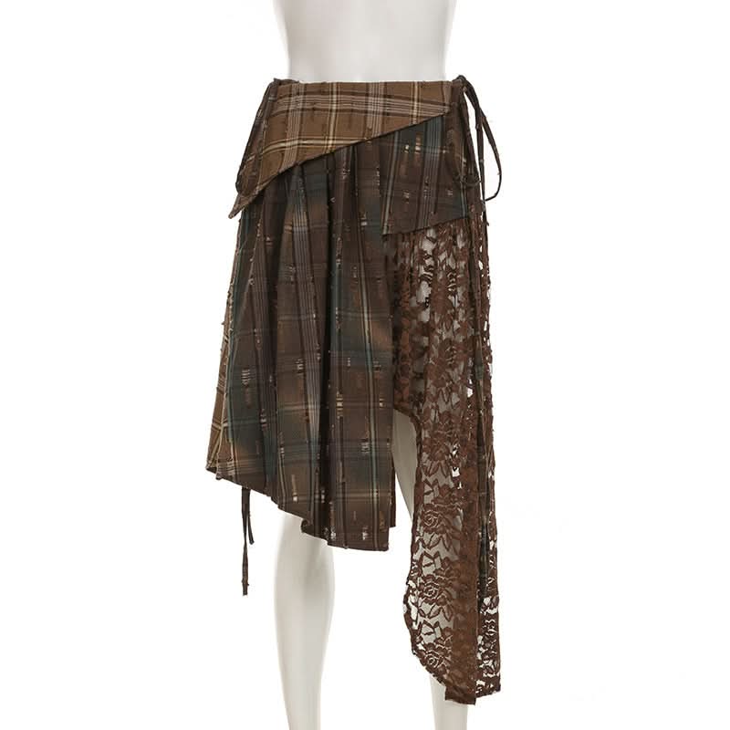 Autumn Rhapsody Plaid & Lace Asymmetrical Midi Skirt | Edgy Fall Fashion
