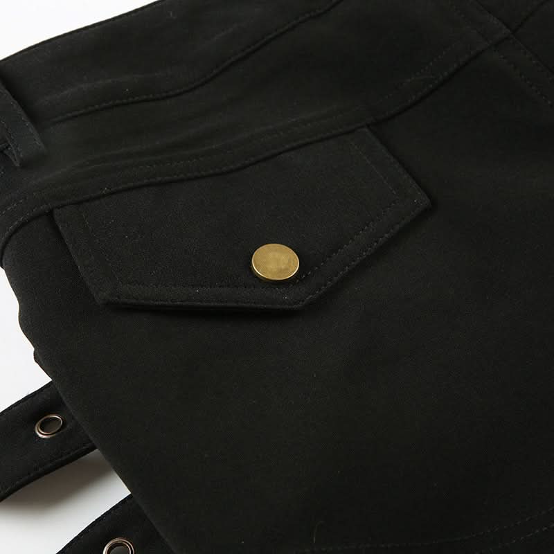 Fierce Black Buckle & Grommet Low-Rise Shorts - Edgy Halloween & Fall Party Ready