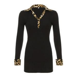 Fierce Leopard Trim Long Sleeve Mini Dress - Fall & Holiday Party Chic