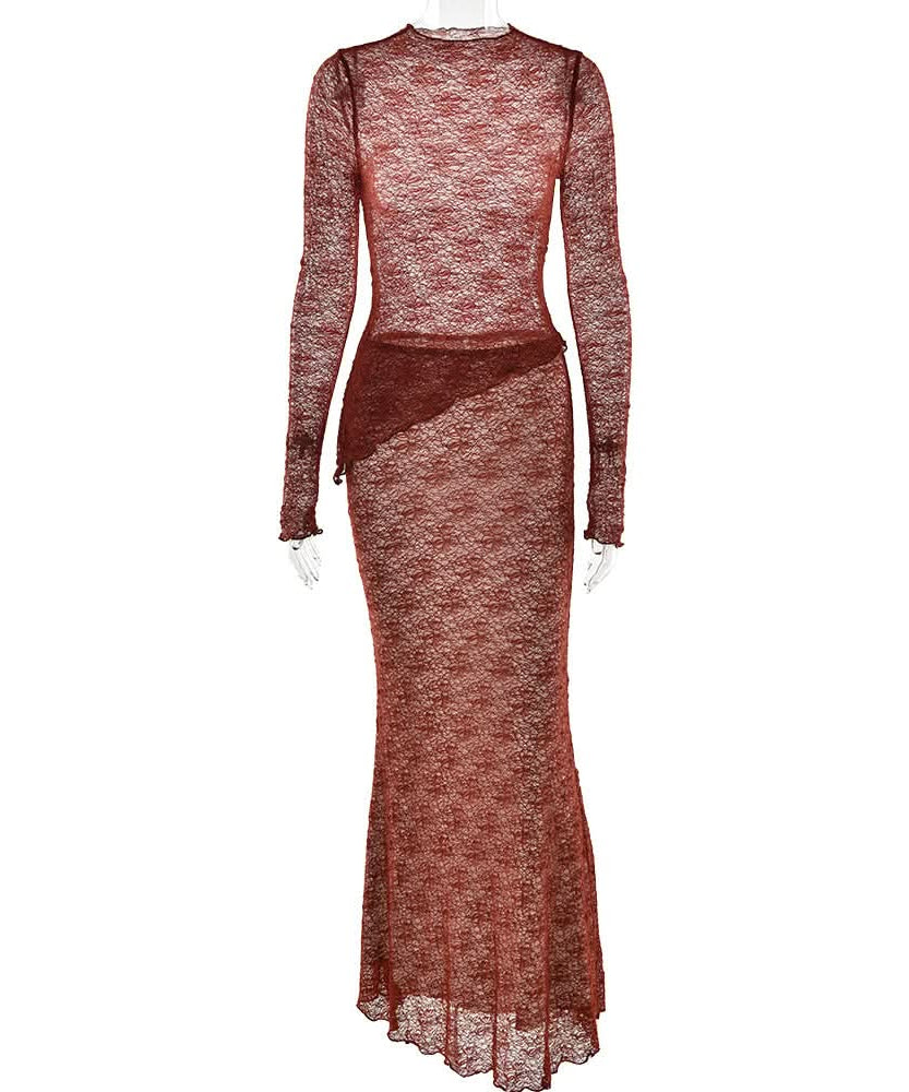 Siren Chic: Fall Rust Sheer Lace Maxi Skirt Set - Long Sleeve Bodycon Co-ord for Holiday Parties