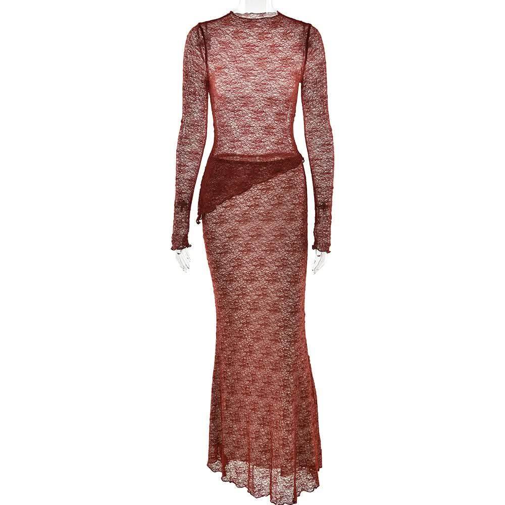 Siren Chic: Fall Rust Sheer Lace Maxi Skirt Set - Long Sleeve Bodycon Co-ord for Holiday Parties