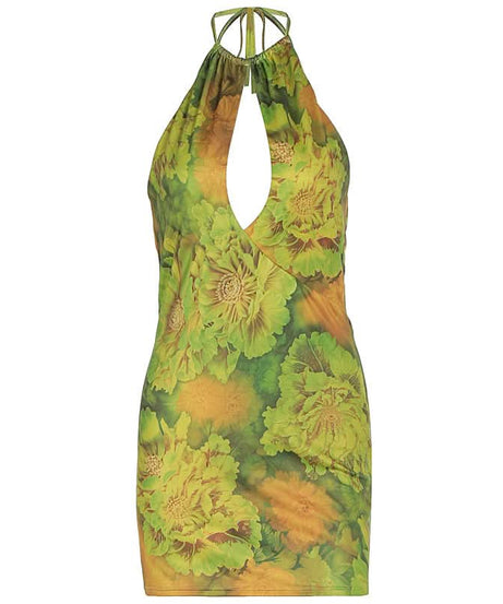 Vibrant Y2K Floral Halter Mini Dress | Keyhole Bodycon for Fall Vacations & Nights Out