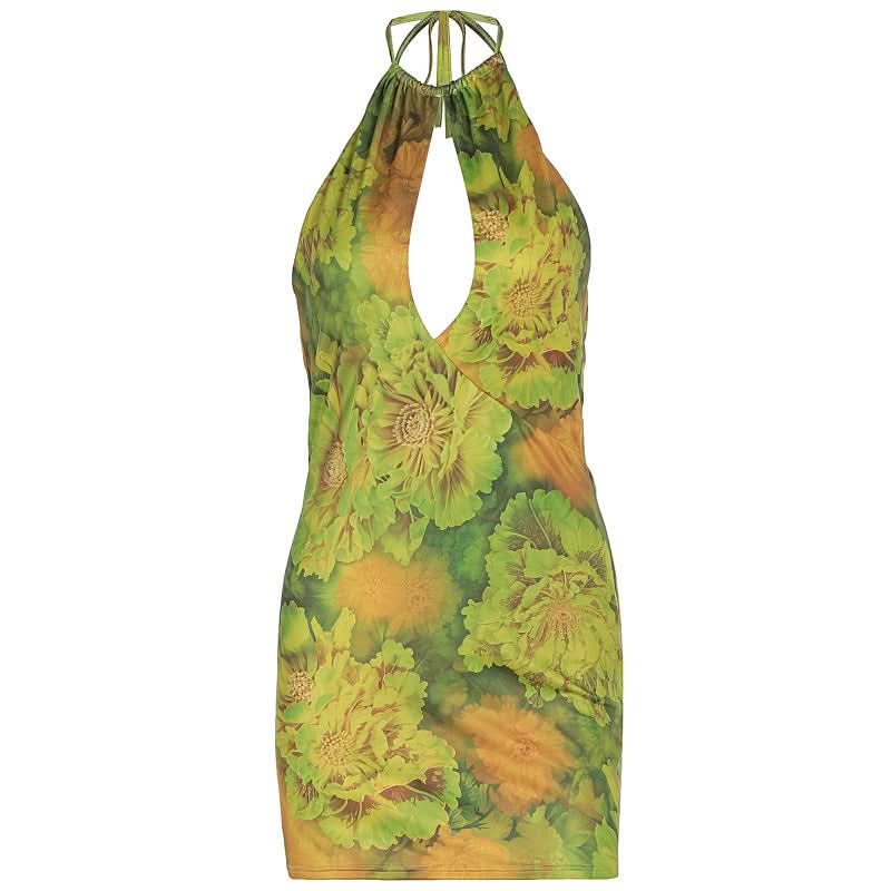 Vibrant Y2K Floral Halter Mini Dress | Keyhole Bodycon for Fall Vacations & Nights Out