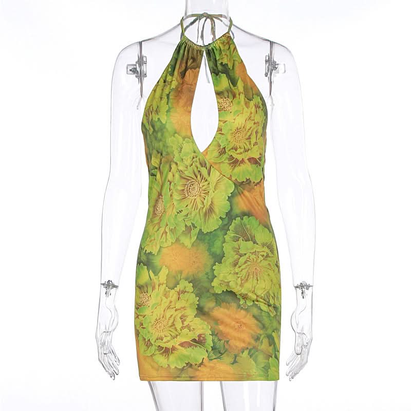 Vibrant Y2K Floral Halter Mini Dress | Keyhole Bodycon for Fall Vacations & Nights Out