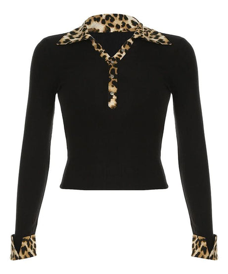 Fall's Fierce Flair: Chic Leopard Trim Long Sleeve Polo Top for Women