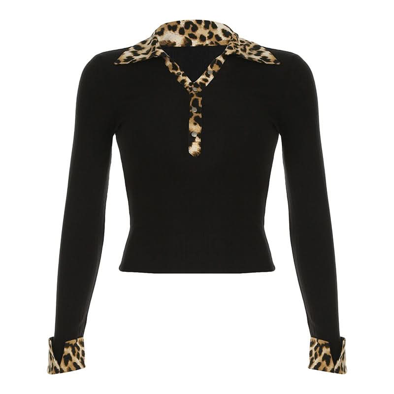 Fall's Fierce Flair: Chic Leopard Trim Long Sleeve Polo Top for Women