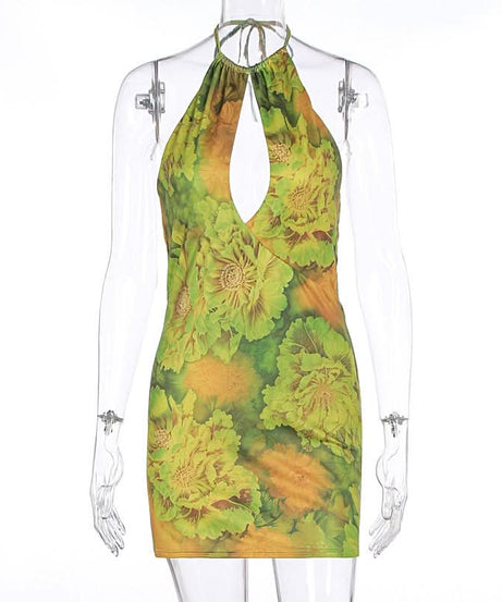Vibrant Y2K Floral Halter Mini Dress | Keyhole Bodycon for Fall Vacations & Nights Out