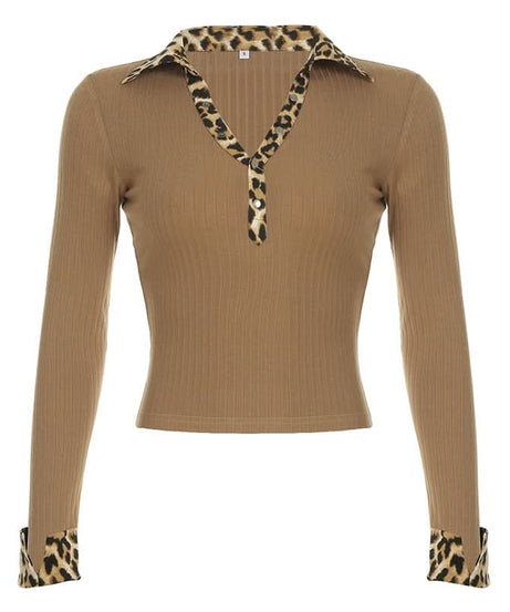 Fall's Fierce Flair: Chic Leopard Trim Long Sleeve Polo Top for Women