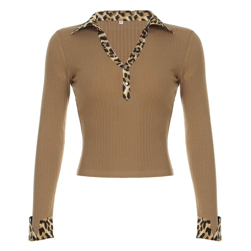 Fall's Fierce Flair: Chic Leopard Trim Long Sleeve Polo Top for Women