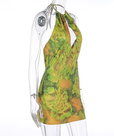 Vibrant Y2K Floral Halter Mini Dress | Keyhole Bodycon for Fall Vacations & Nights Out