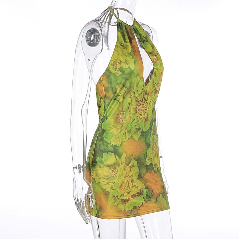 Vibrant Y2K Floral Halter Mini Dress | Keyhole Bodycon for Fall Vacations & Nights Out