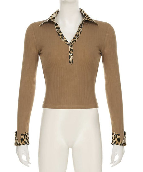 Fall's Fierce Flair: Chic Leopard Trim Long Sleeve Polo Top for Women