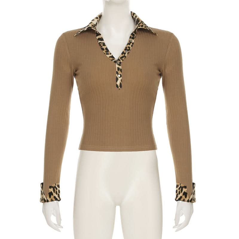 Fall's Fierce Flair: Chic Leopard Trim Long Sleeve Polo Top for Women