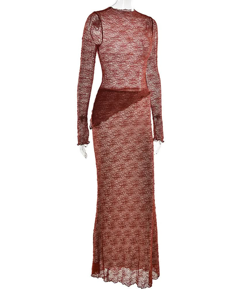 Siren Chic: Fall Rust Sheer Lace Maxi Skirt Set - Long Sleeve Bodycon Co-ord for Holiday Parties