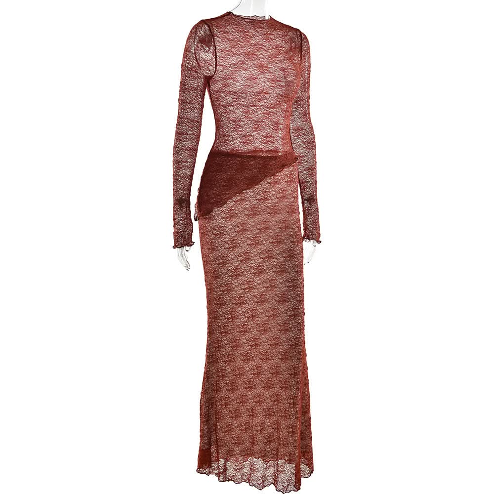 Siren Chic: Fall Rust Sheer Lace Maxi Skirt Set - Long Sleeve Bodycon Co-ord for Holiday Parties