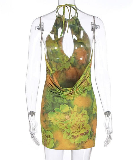Vibrant Y2K Floral Halter Mini Dress | Keyhole Bodycon for Fall Vacations & Nights Out
