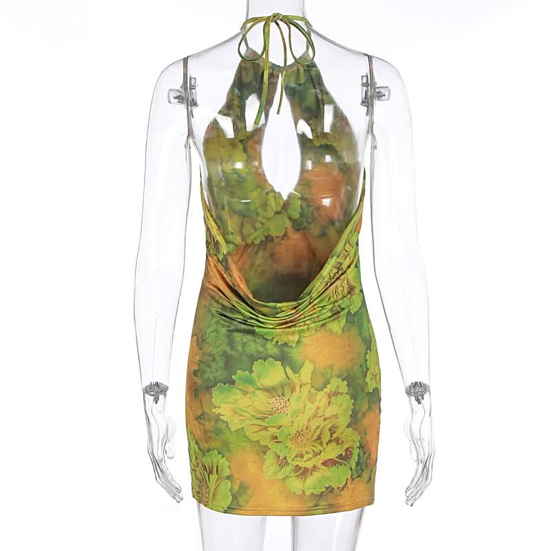 Vibrant Y2K Floral Halter Mini Dress | Keyhole Bodycon for Fall Vacations & Nights Out