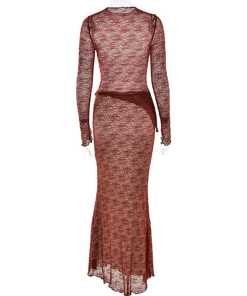 Siren Chic: Fall Rust Sheer Lace Maxi Skirt Set - Long Sleeve Bodycon Co-ord for Holiday Parties
