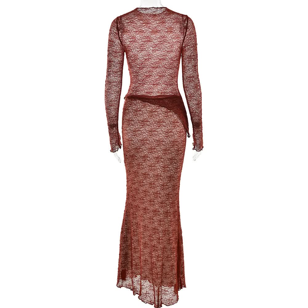 Siren Chic: Fall Rust Sheer Lace Maxi Skirt Set - Long Sleeve Bodycon Co-ord for Holiday Parties