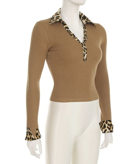 Fall's Fierce Flair: Chic Leopard Trim Long Sleeve Polo Top for Women