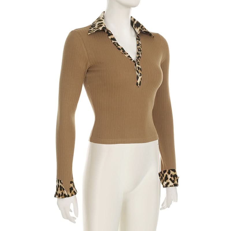 Fall's Fierce Flair: Chic Leopard Trim Long Sleeve Polo Top for Women