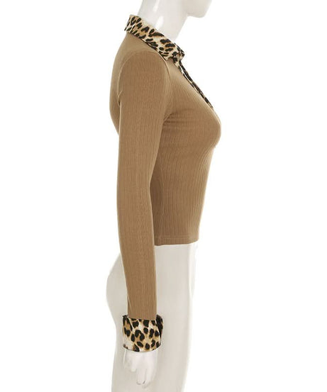 Fall's Fierce Flair: Chic Leopard Trim Long Sleeve Polo Top for Women