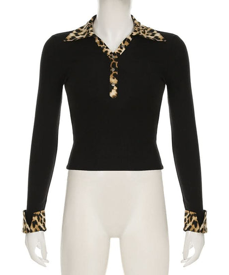 Fall's Fierce Flair: Chic Leopard Trim Long Sleeve Polo Top for Women